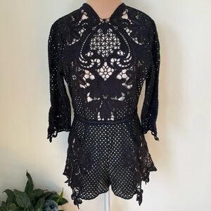 Saylor Crochet Faux Sheer 3/4 Sleeve Black Cotton Keyhole Back Romper EUC Size M